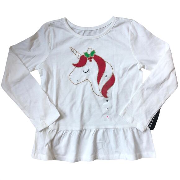 NEW Kidtopia Cream Christmas Holiday Shirt Top Unicorn Ruffle Girl's Size 6 - Picture 1 of 3